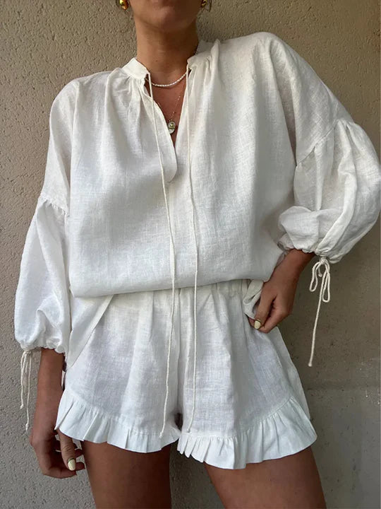Lounge Set Ruffle Hem Shorts Relaxed Fit Blouse Cotton Casual Wear 3