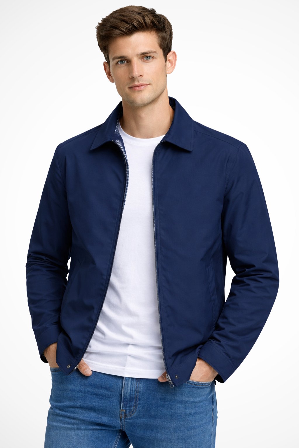 Men's blue harrington jacket with check lining and zip front