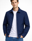 Men's blue harrington jacket with check lining and zip front