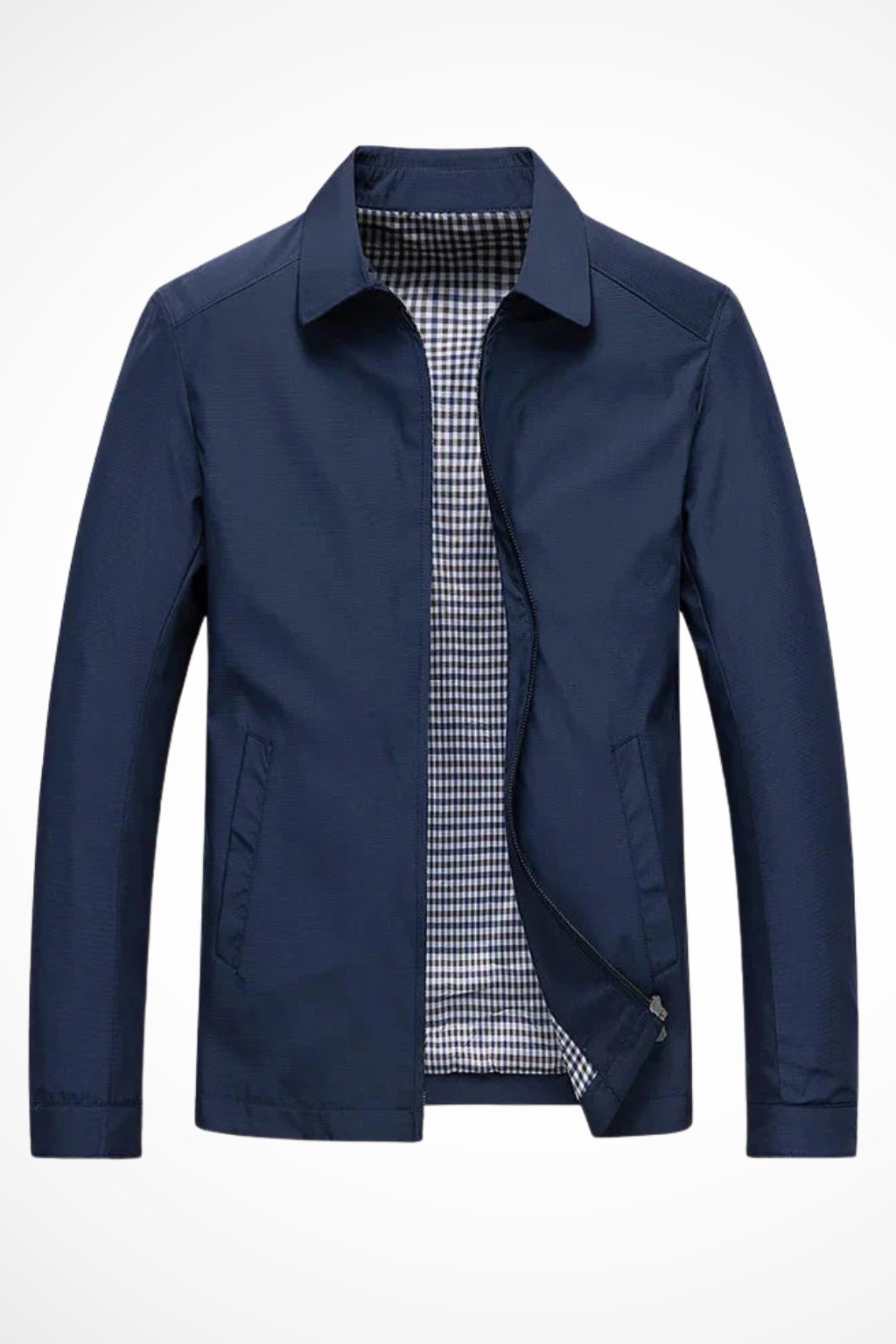 Men's blue harrington jacket with check lining and zip front
