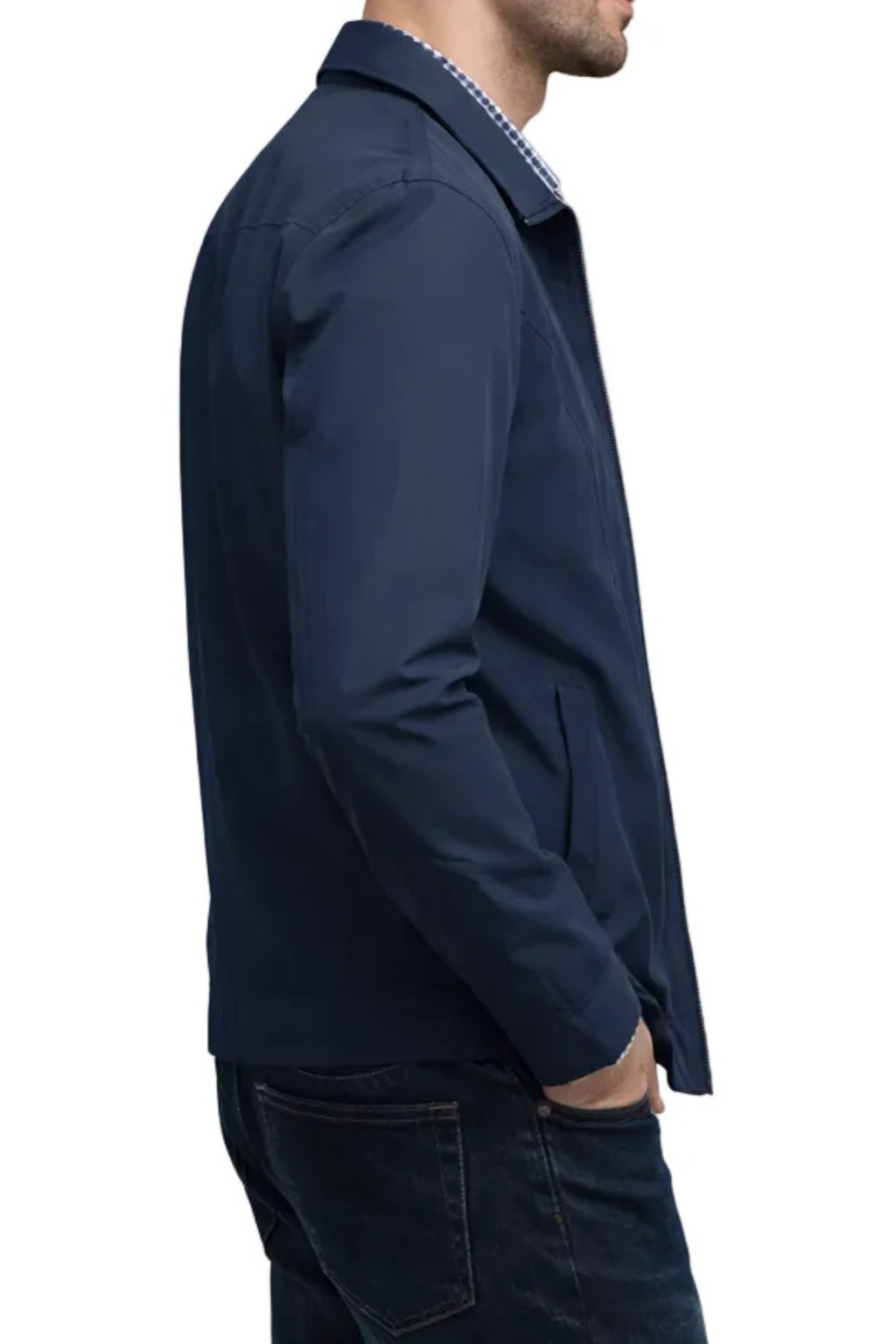 Men's blue harrington jacket with check lining and zip front