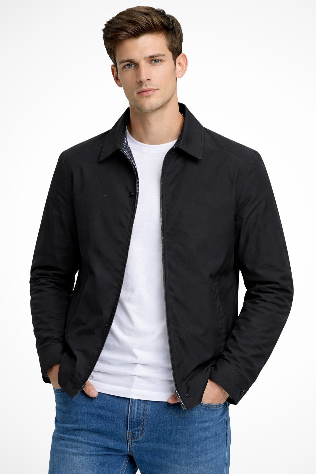 Men's blue harrington jacket with check lining and zip front