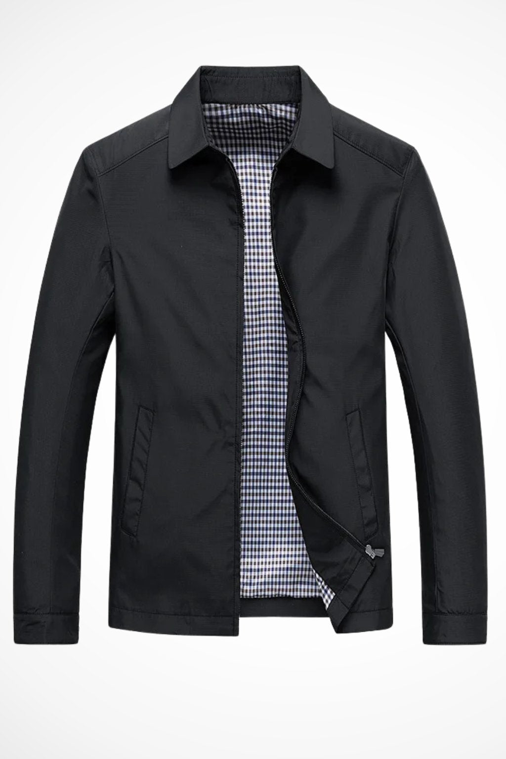 Men's blue harrington jacket with check lining and zip front
