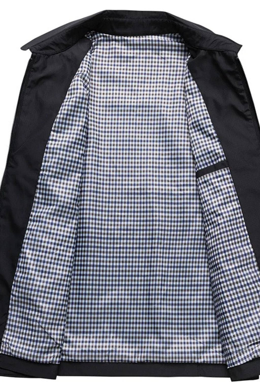 Men's blue harrington jacket with check lining and zip front