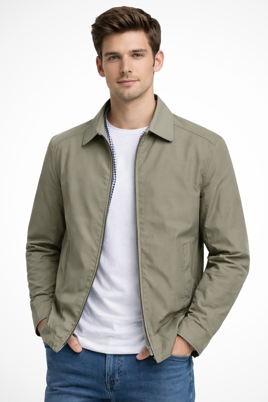 Men's blue harrington jacket with check lining and zip front