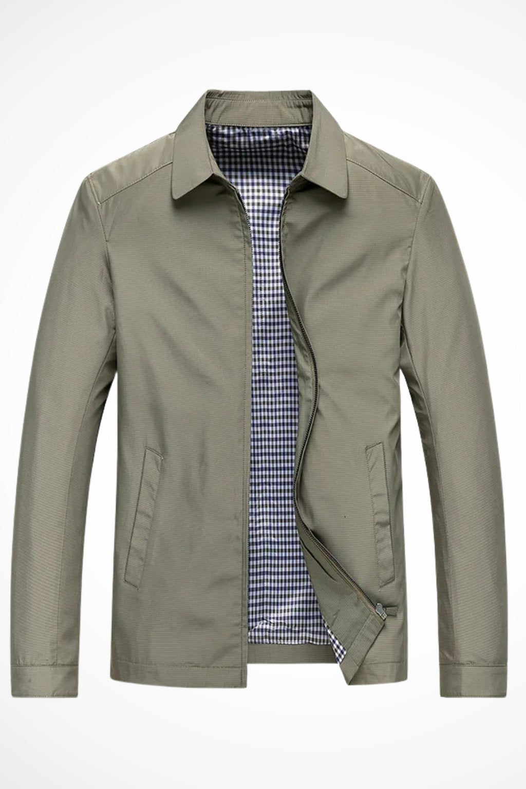 Men's blue harrington jacket with check lining and zip front