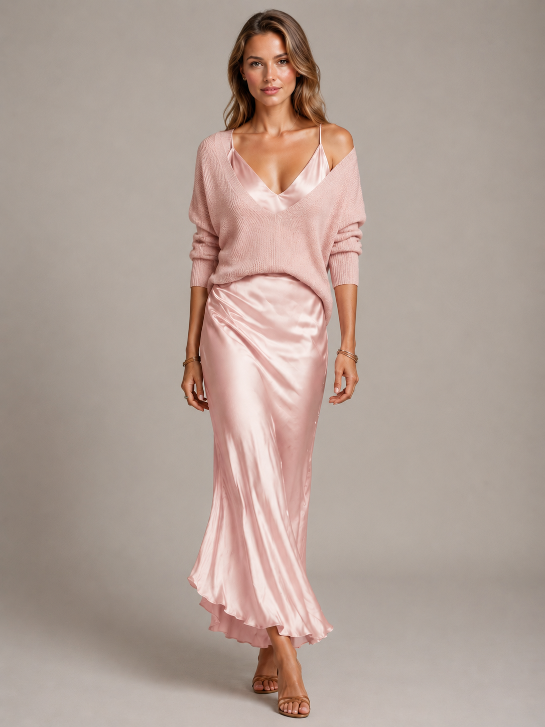 Women’s white women's satin maxi dress and knit set