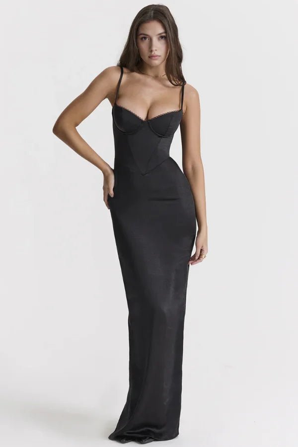 Lustrous Satin Corset Gown With Lace Trim 1