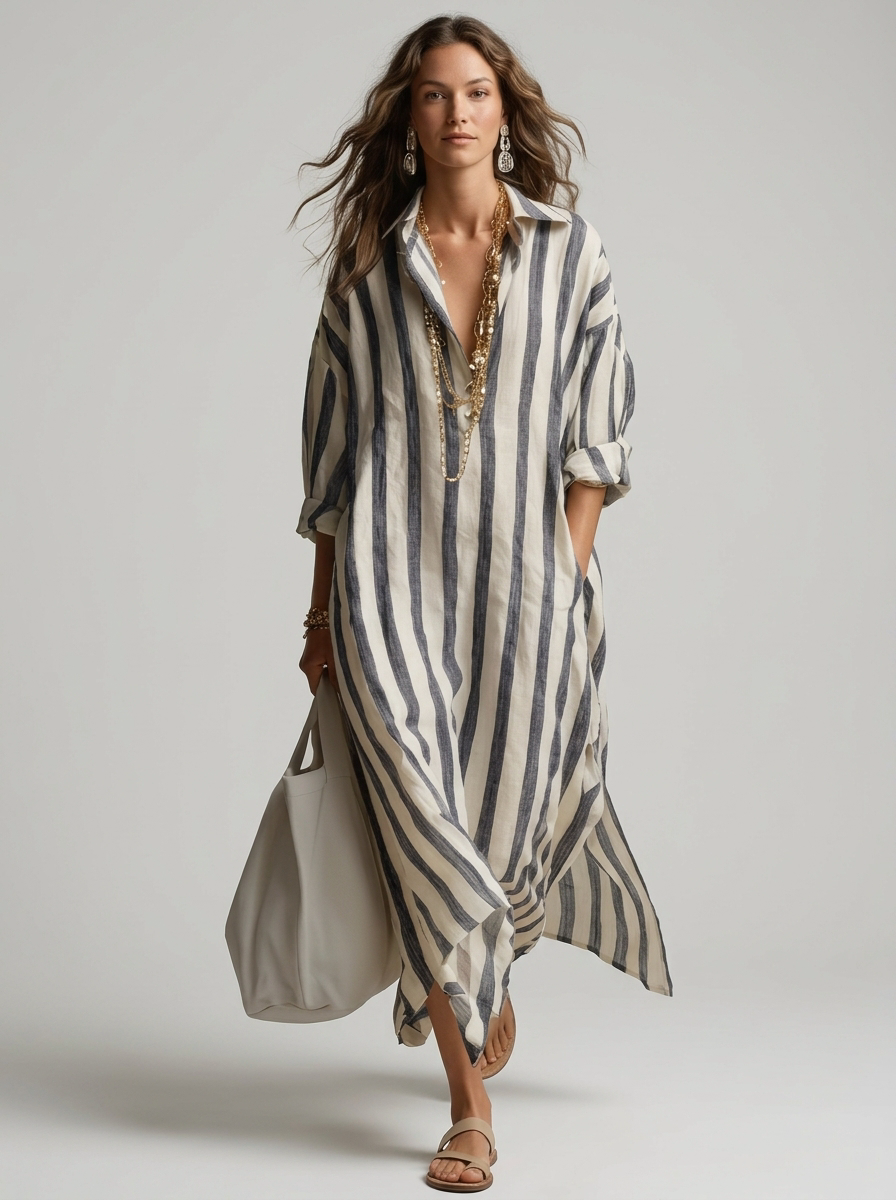 Women’s blue women's striped maxi shirt dress v-neck