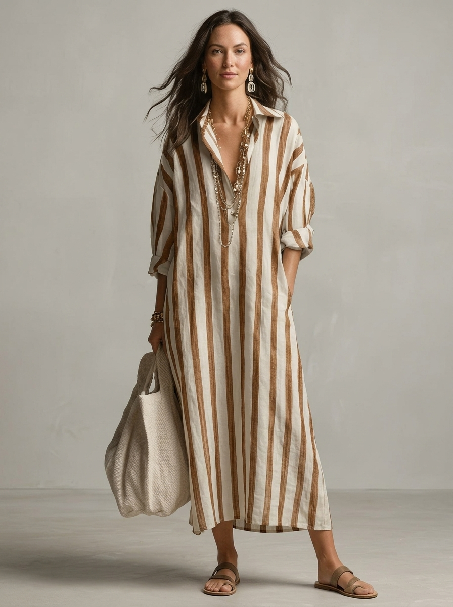 Women’s blue women's striped maxi shirt dress v-neck