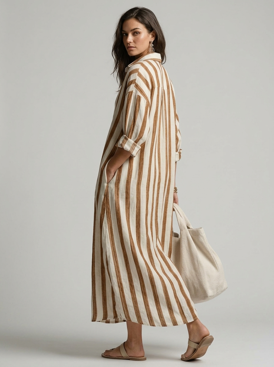 Women’s blue women's striped maxi shirt dress v-neck