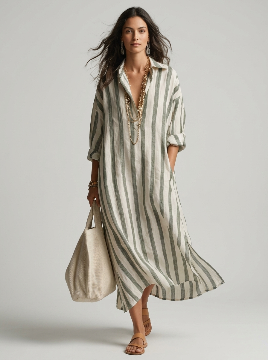 Women’s blue women's striped maxi shirt dress v-neck
