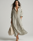 Women’s blue women's striped maxi shirt dress v-neck