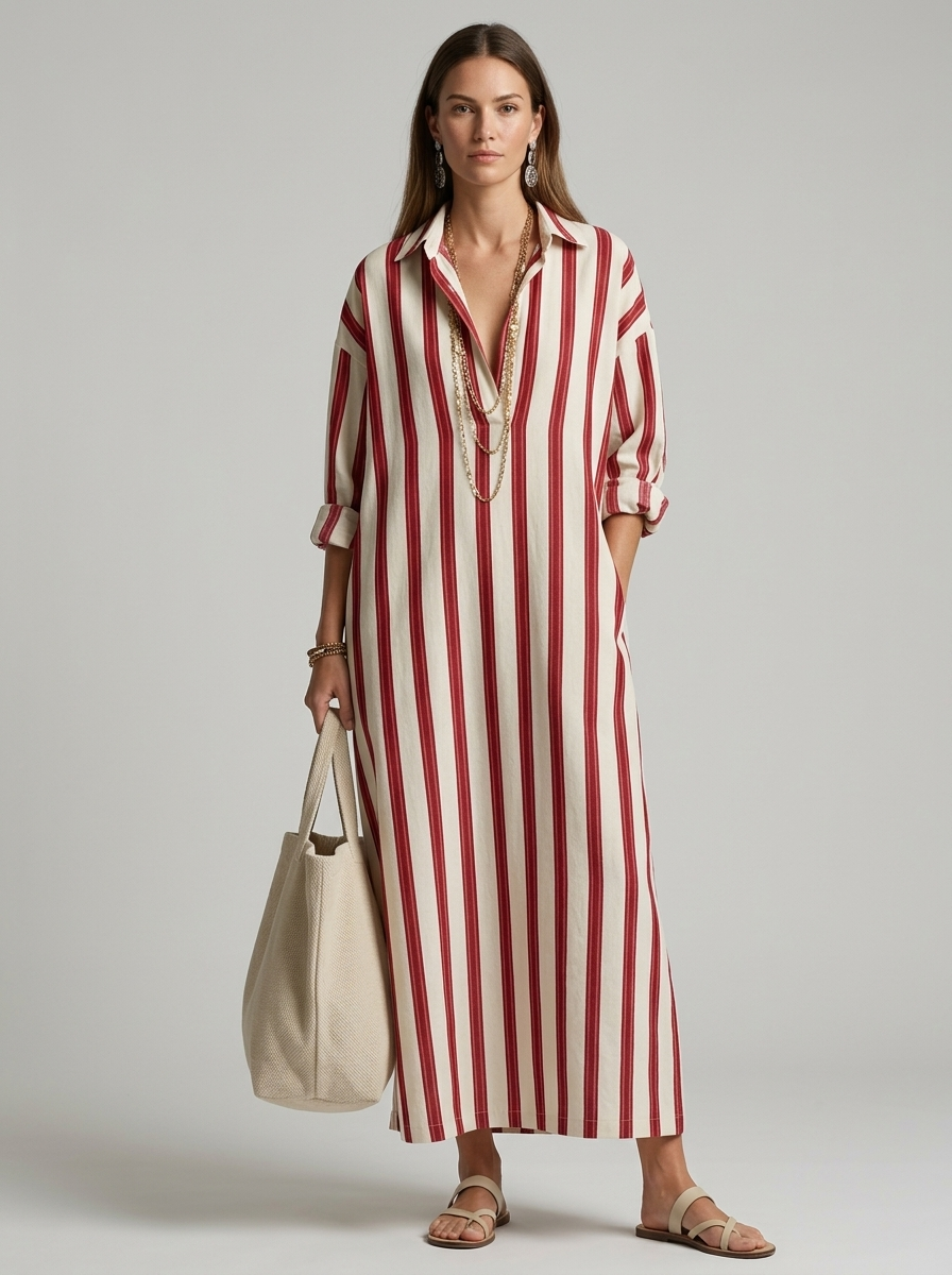 Women’s blue women's striped maxi shirt dress v-neck