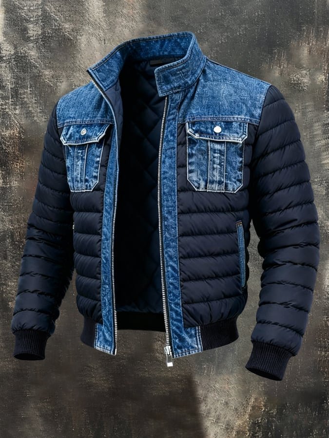 Men's denim quilted puffer bomber jacket with thermal insulation