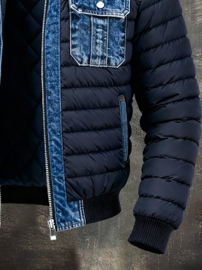 Men's denim quilted puffer bomber jacket with thermal insulation