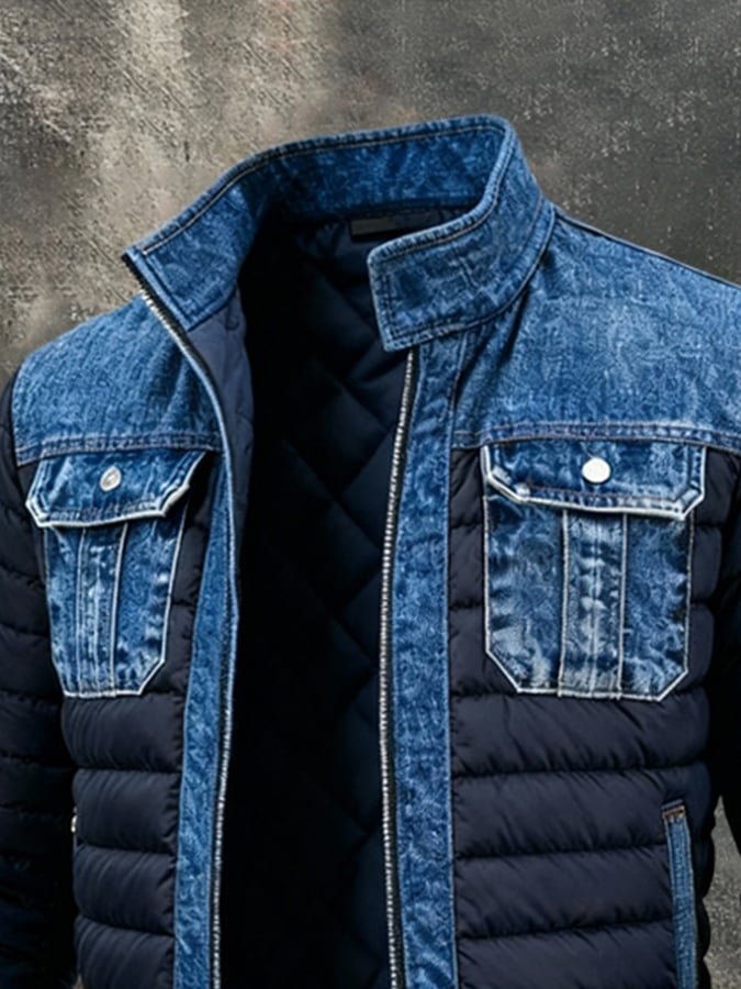 Men's denim quilted puffer bomber jacket with thermal insulation