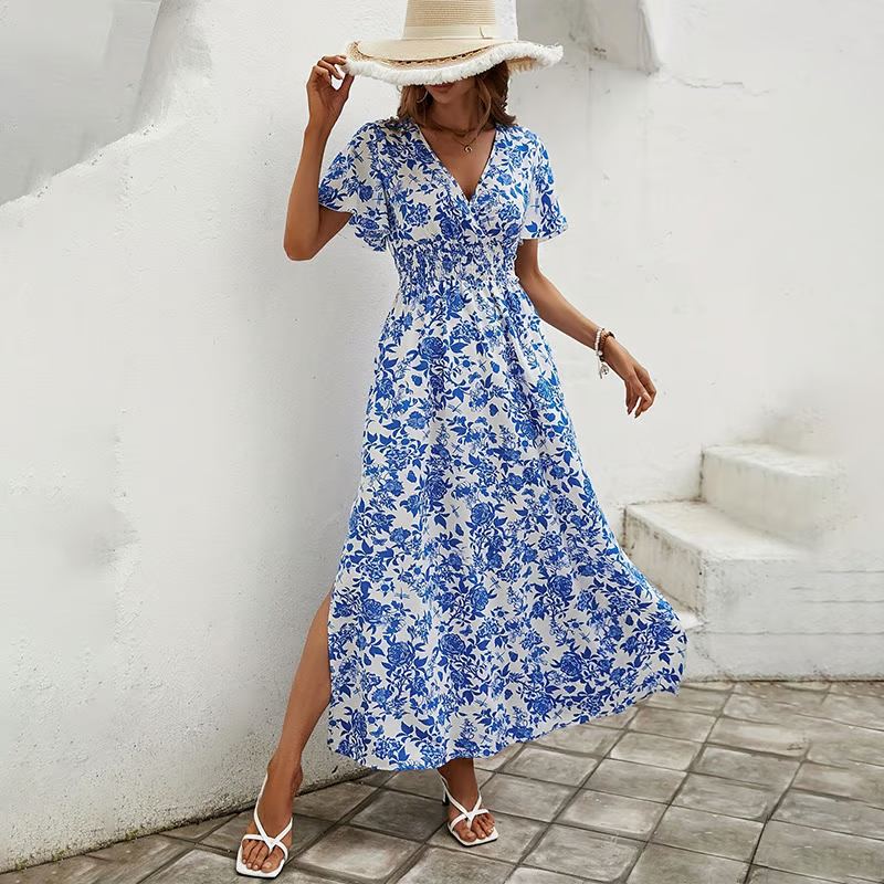 Maxi Dress Floral V Neck Boho Style 0