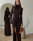 Maxi Dress Ruched Design High Neckline Thigh-High Slit Evening Wear 0
