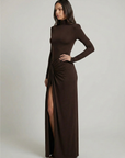 Maxi Dress Ruched Design High Neckline Thigh-High Slit Evening Wear 2