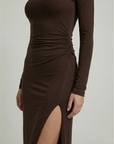 Maxi Dress Ruched Design High Neckline Thigh-High Slit Evening Wear 3