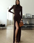 Maxi Dress Ruched Design High Neckline Thigh-High Slit Evening Wear 6