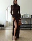Maxi Dress Ruched Design High Neckline Thigh-High Slit Evening Wear 7
