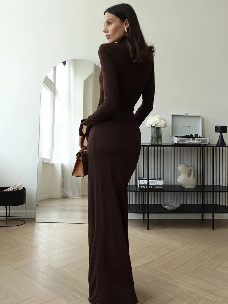 Maxi Dress Ruched Design High Neckline Thigh-High Slit Evening Wear 8