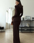 Maxi Dress Ruched Design High Neckline Thigh-High Slit Evening Wear 8