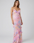 Maxi Dress Ruffle Design Flowing Silhouette Pastel Colors Evening Wear 0