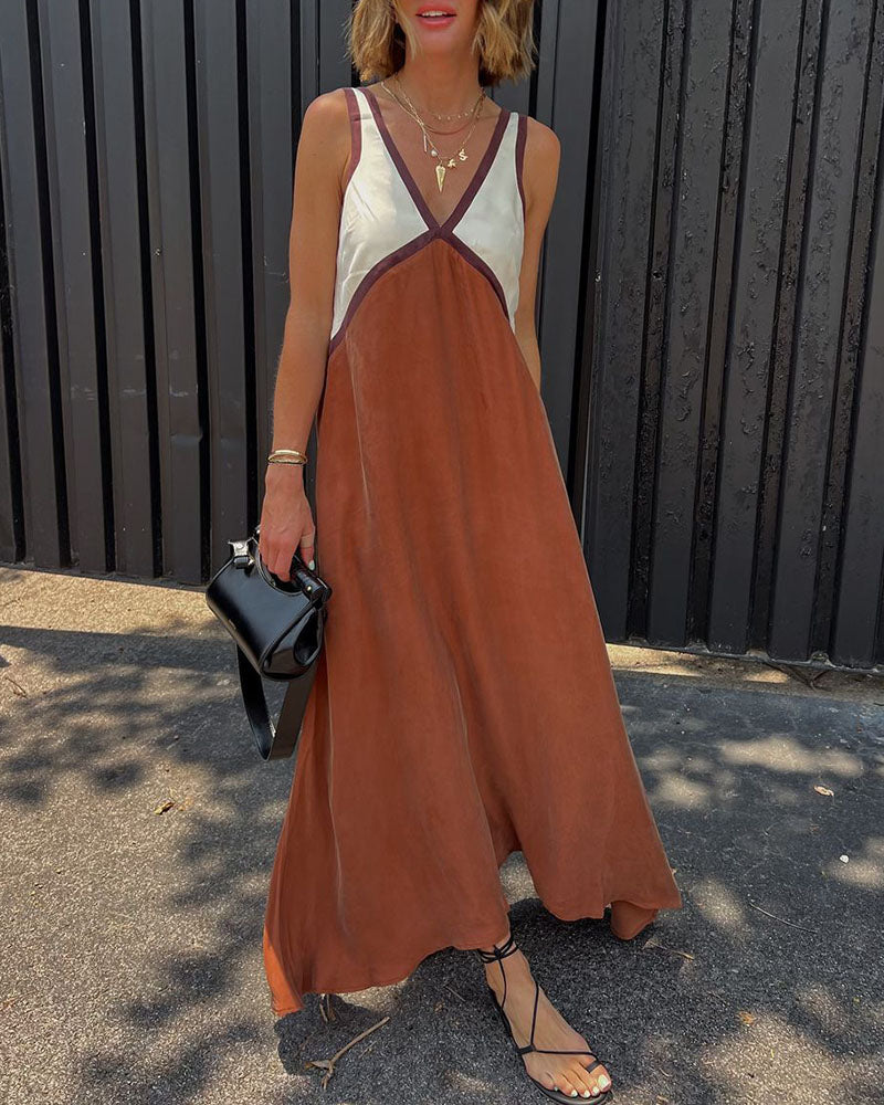 Maxi Dress V-Neck Bold Contrast Design Flattering Silhouette Modern Style Women 9