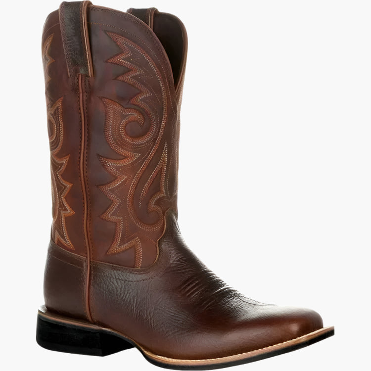 Men's brown cowboy boots with decorative western stitching and classic pointed toe