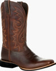Men's brown cowboy boots with decorative western stitching and classic pointed toe