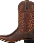 Men's brown cowboy boots with decorative western stitching and classic pointed toe
