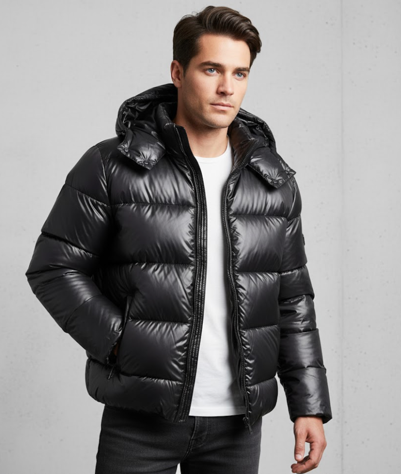 men's black quilted puffer jacket with high collar urban style