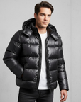 men's black quilted puffer jacket with high collar urban style