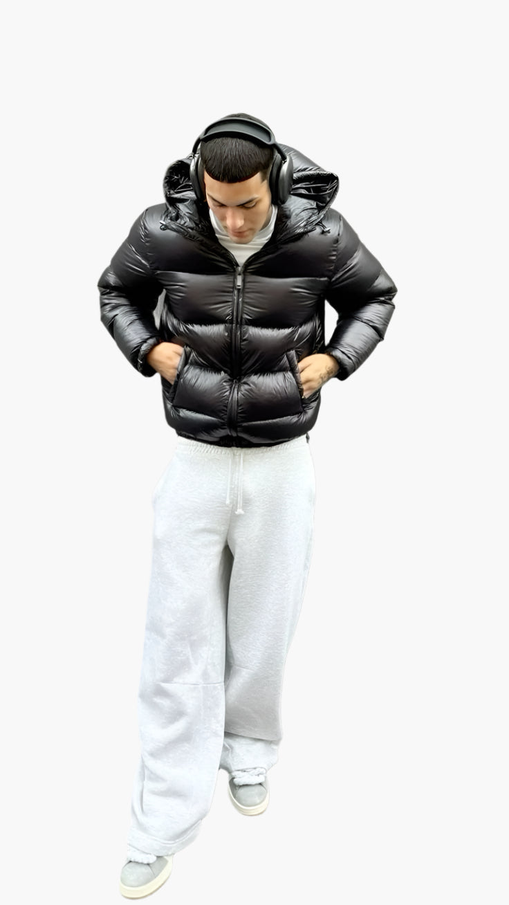 men's black quilted puffer jacket with high collar urban style
