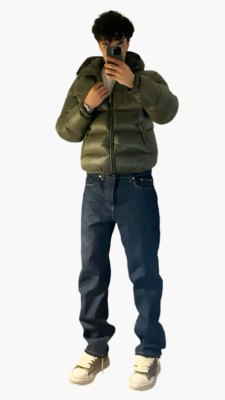 men's black quilted puffer jacket with high collar urban style