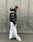 men's black quilted puffer jacket with high collar urban style