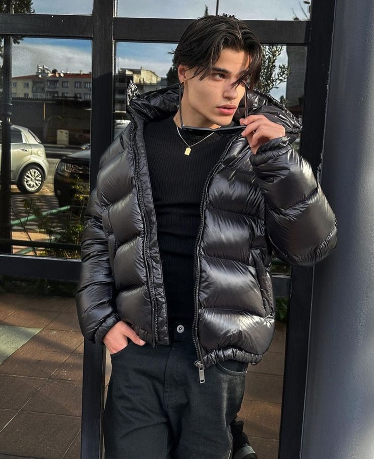 men's quilted puffer jacket with high collar in urban street style