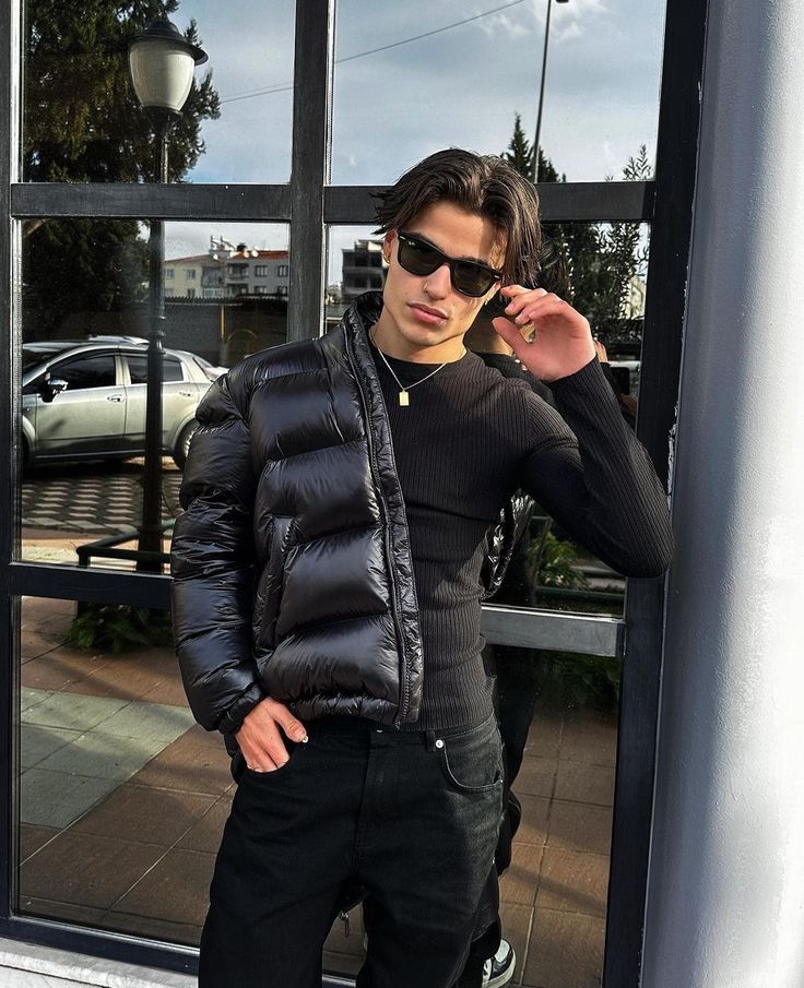 men's quilted puffer jacket with high collar in urban street style