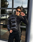 men's quilted puffer jacket with high collar in urban street style