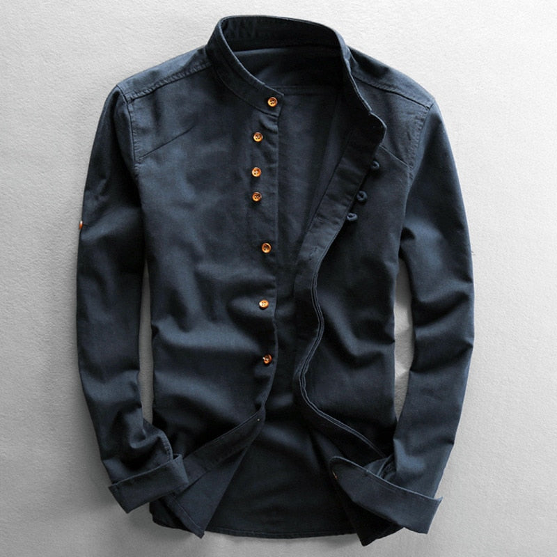 Men's mandarin collar shirt long sleeve in navy blue