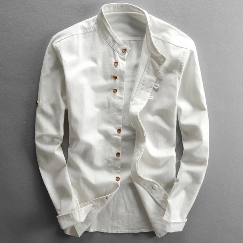 Men's mandarin collar shirt long sleeve in navy blue