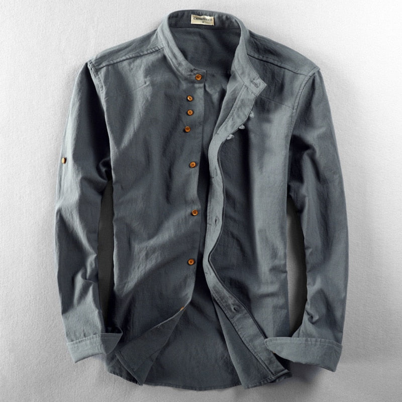 Men's mandarin collar shirt long sleeve in navy blue