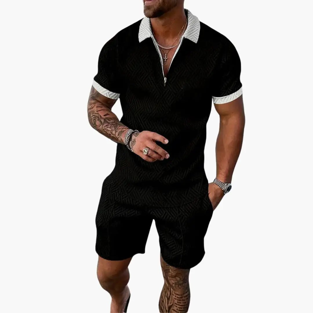 Men's Summer Two-Piece Set Short Sleeve V-Neck Zipper Lightweight Casual Wear 0