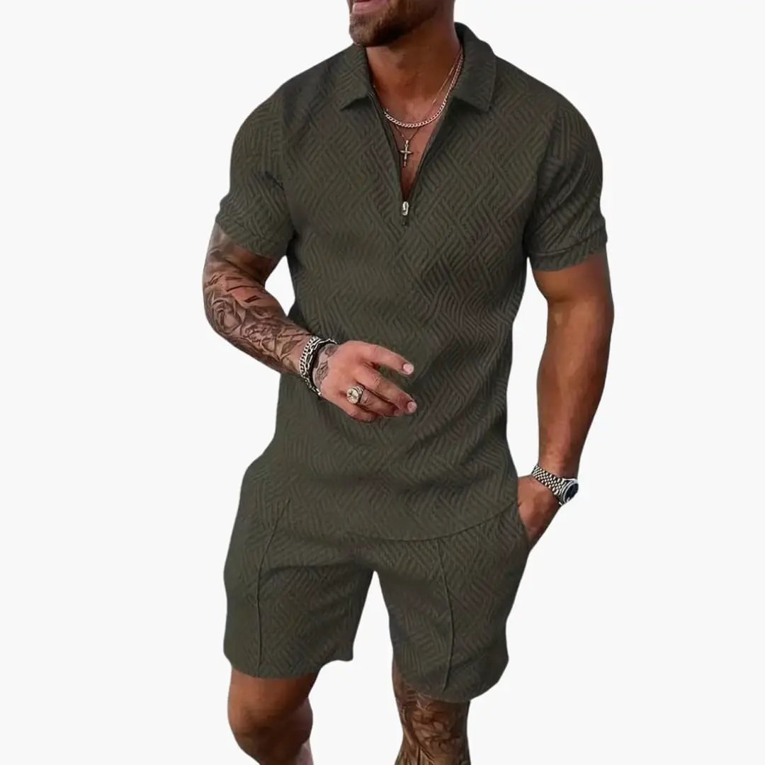 Men's Summer Two-Piece Set Short Sleeve V-Neck Zipper Lightweight Casual Wear 1