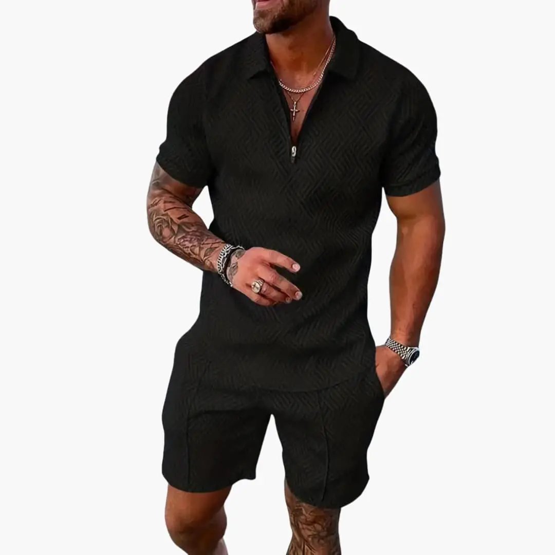 Men's Summer Two-Piece Set Short Sleeve V-Neck Zipper Lightweight Casual Wear 2