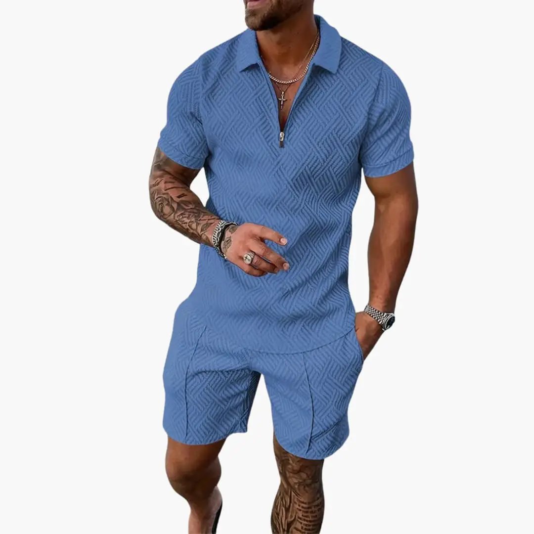 Men's Summer Two-Piece Set Short Sleeve V-Neck Zipper Lightweight Casual Wear 3