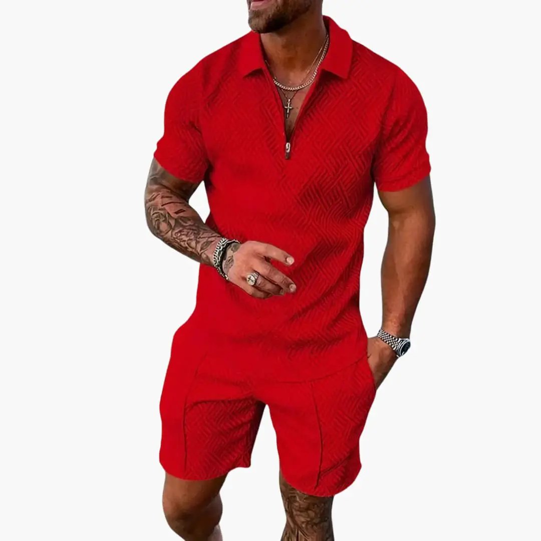 Men's Summer Two-Piece Set Short Sleeve V-Neck Zipper Lightweight Casual Wear 4